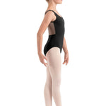 Mirella Mesh Tank Leotard in Black, side view showing sheer mesh back panel and ballet leg line