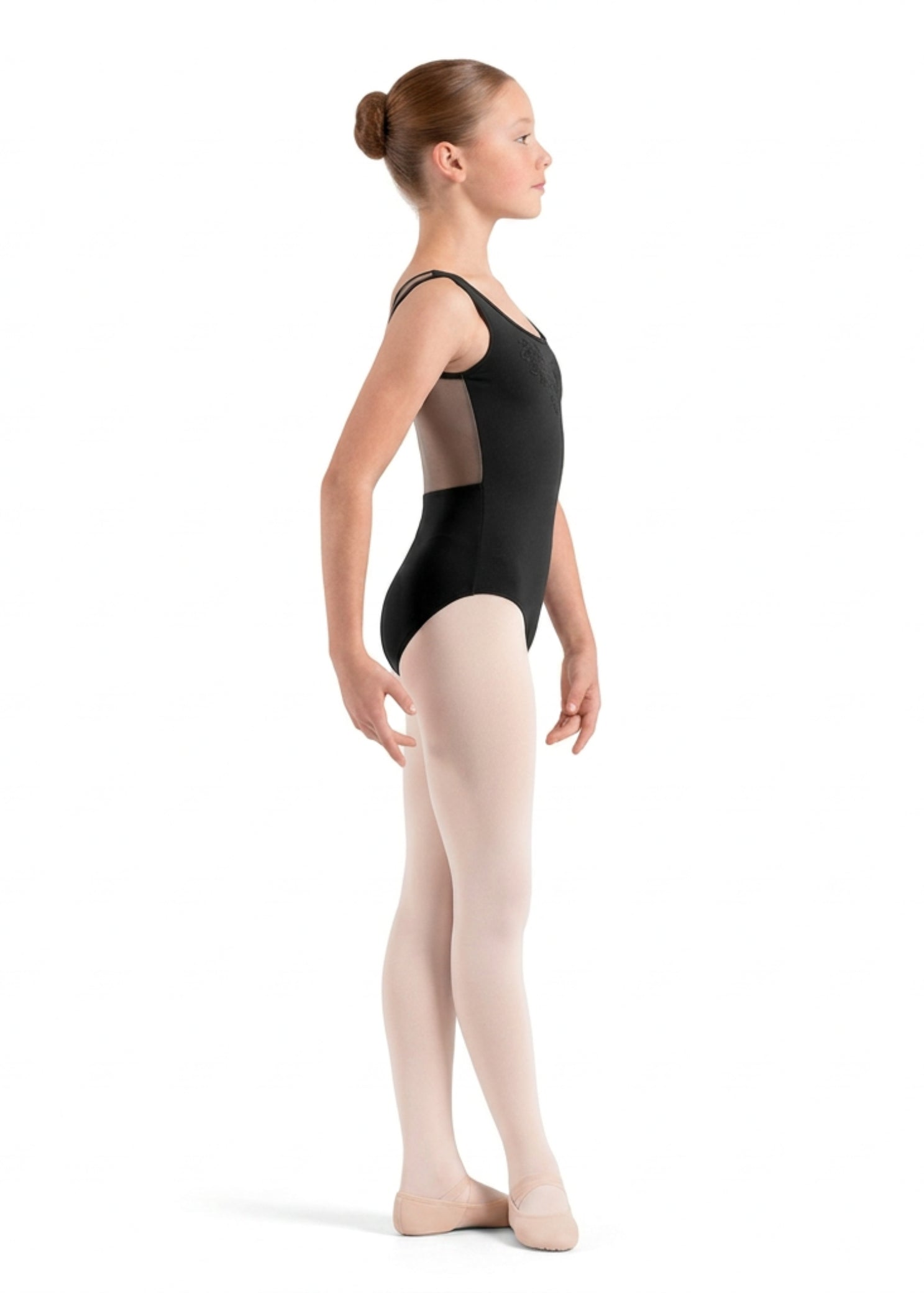 Mirella Mesh Tank Leotard in Black, side view showing sheer mesh back panel and ballet leg line