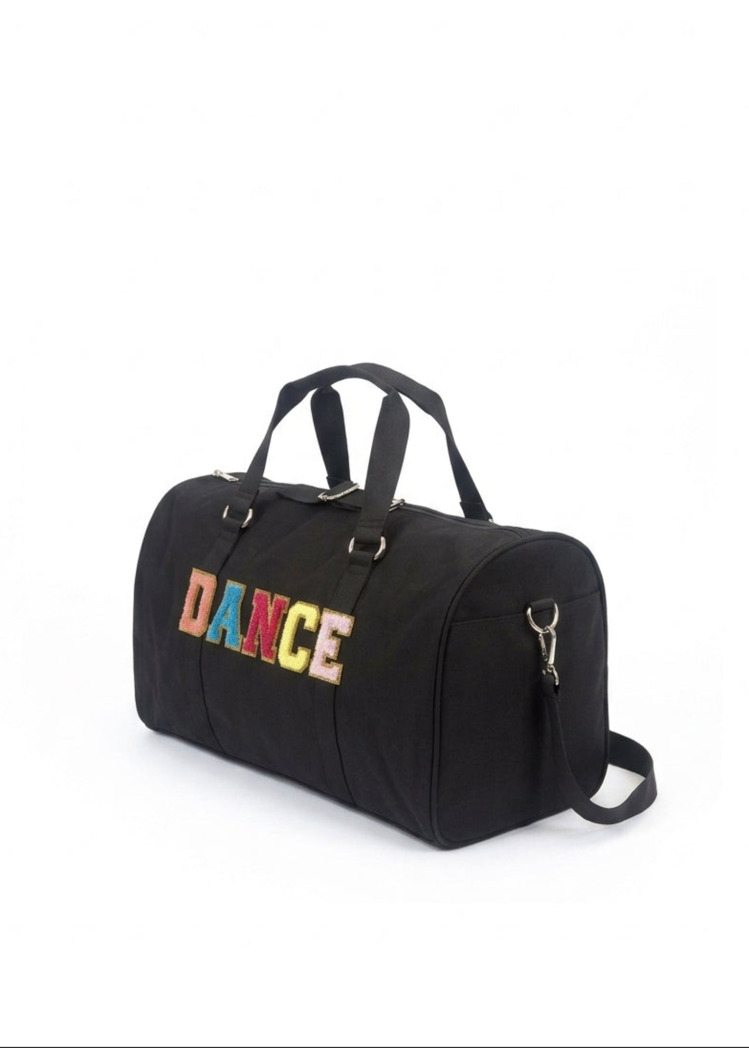 Dasha Designs Multi Dance Duffel in Black, angled side view showing multi-color chenille DANCE lettering and gold hardware