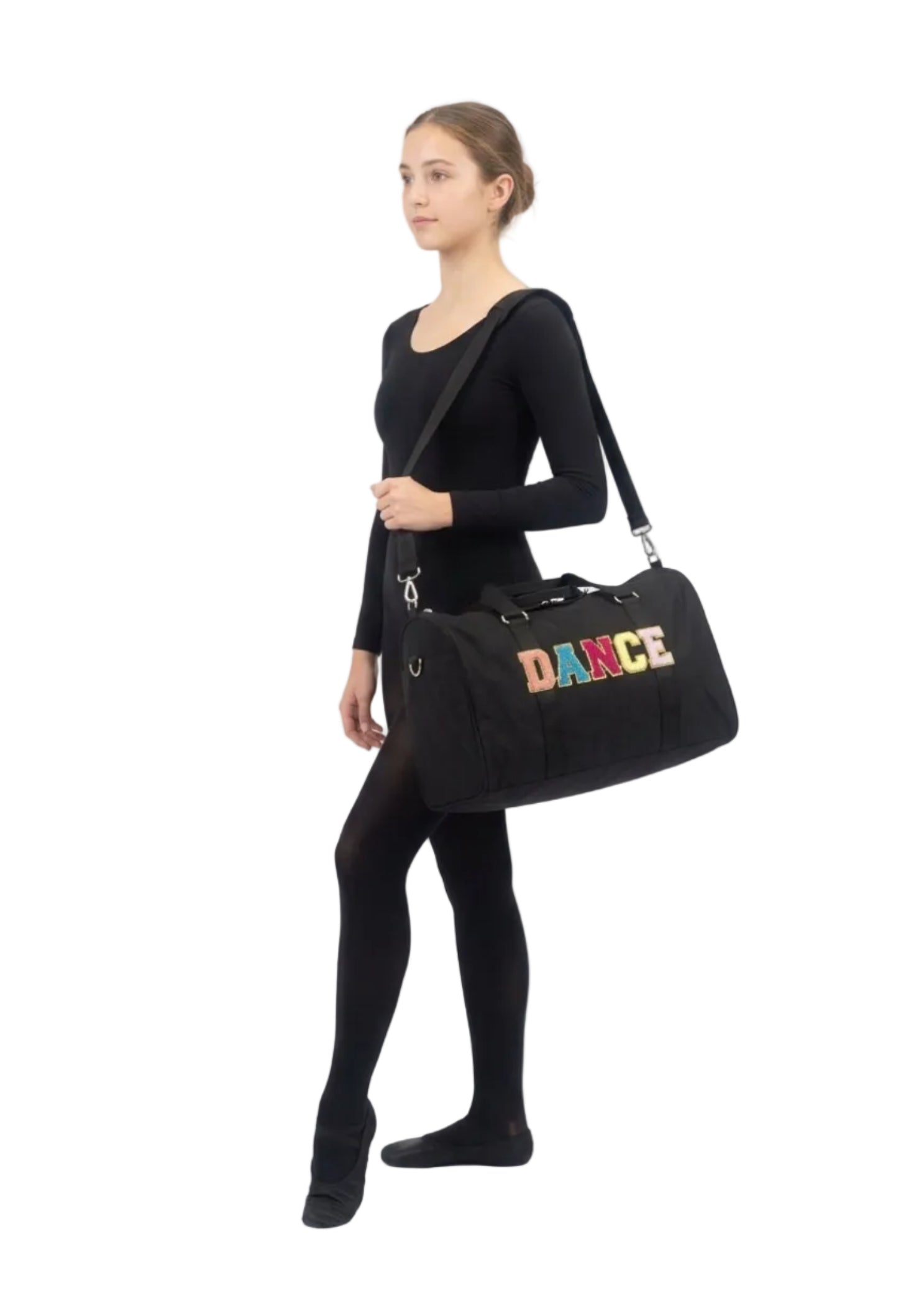 Dasha Designs Multi Dance Duffel in Black, lifestyle view showing chenille DANCE lettering and dual top handles