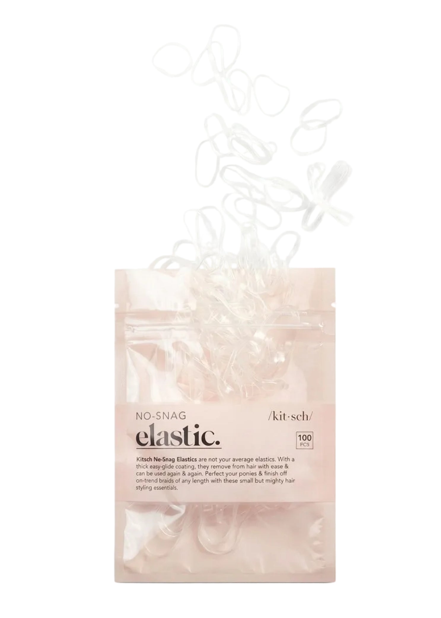 Kitsch No-Snag Elastics in Clear, detail view showing clear coil hair tie construction and texture