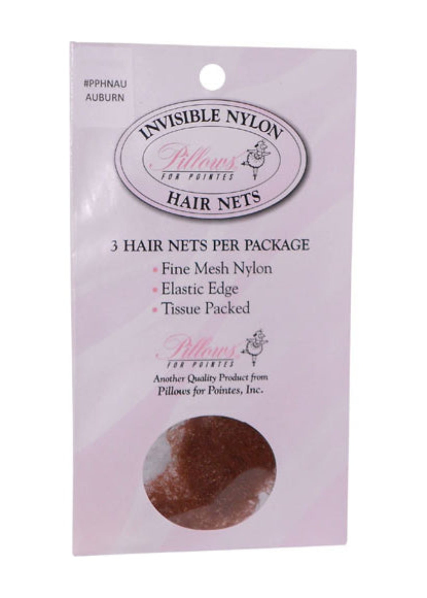 Pillows for Pointes Nylon Hair Nets in Auburn, packaging front view showing fine mesh nylon nets, 3 per pack