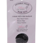 Pillows for Pointes Nylon Hair Nets in Black, packaging front view showing fine mesh nylon nets, 3 per pack