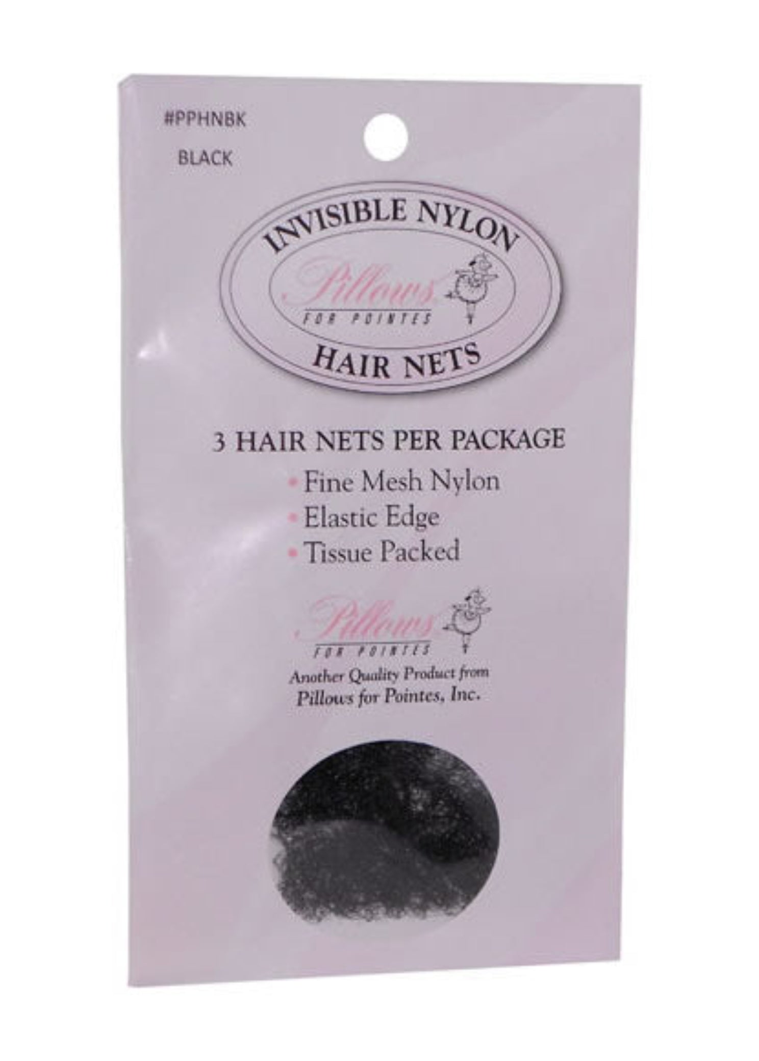 Pillows for Pointes Nylon Hair Nets in Black, packaging front view showing fine mesh nylon nets, 3 per pack