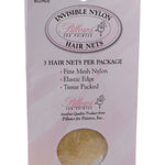 Pillows for Pointes Nylon Hair Nets in Blonde, packaging front view showing fine mesh nylon nets, 3 per pack