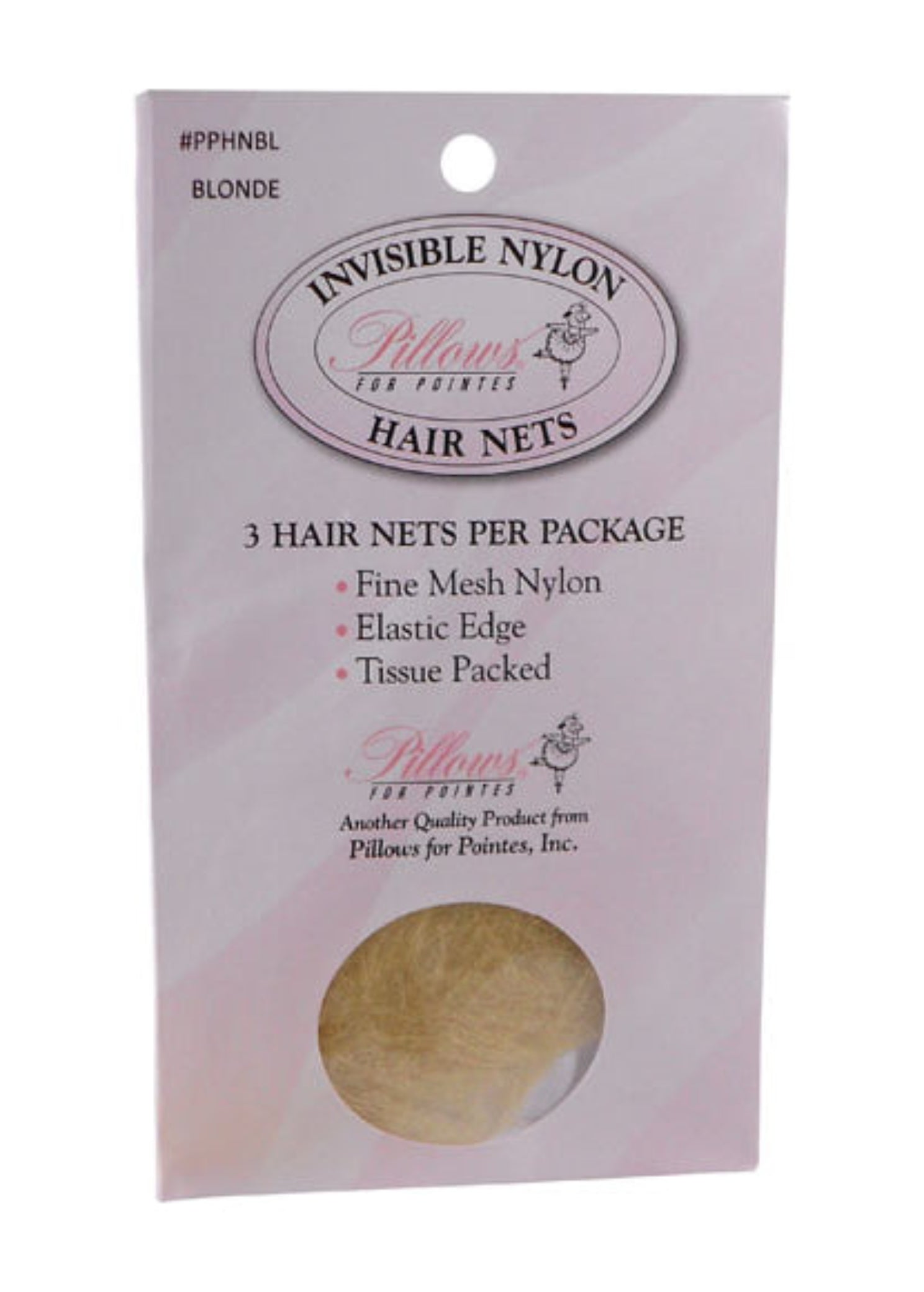 Pillows for Pointes Nylon Hair Nets in Blonde, packaging front view showing fine mesh nylon nets, 3 per pack