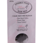 Pillows for Pointes Nylon Hair Nets in Dark Brown, packaging front view showing fine mesh nylon nets, 3 per pack