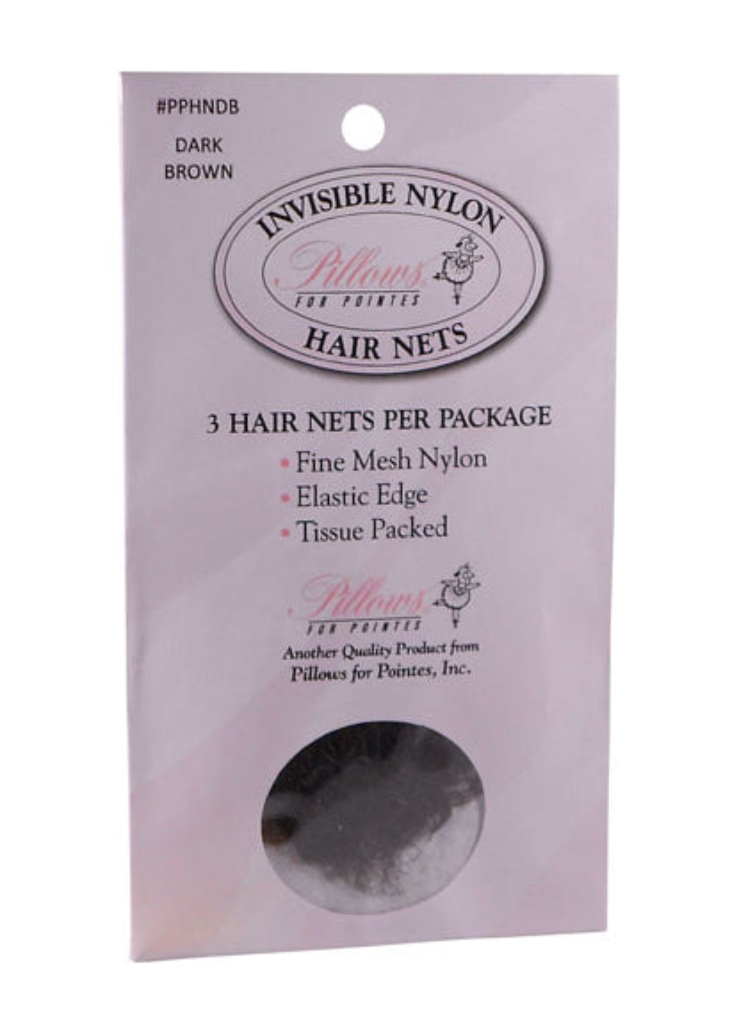 Pillows for Pointes Nylon Hair Nets in Dark Brown, packaging front view showing fine mesh nylon nets, 3 per pack