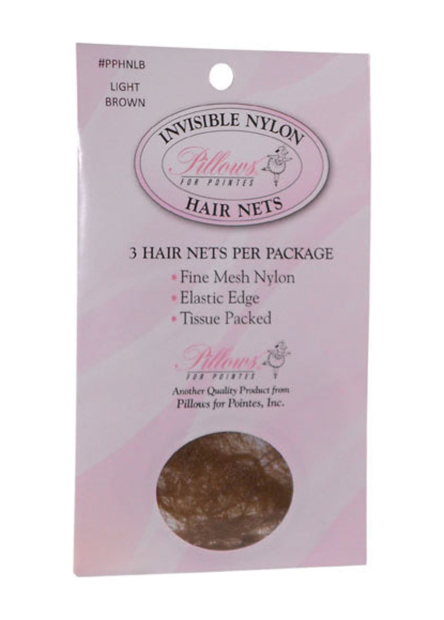 Pillows for Pointes Nylon Hair Nets in Light Brown, packaging front view showing fine mesh nylon nets, 3 per pack
