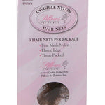 Pillows for Pointes Nylon Hair Nets in Medium Brown, packaging front view showing fine mesh nylon nets, 3 per pack