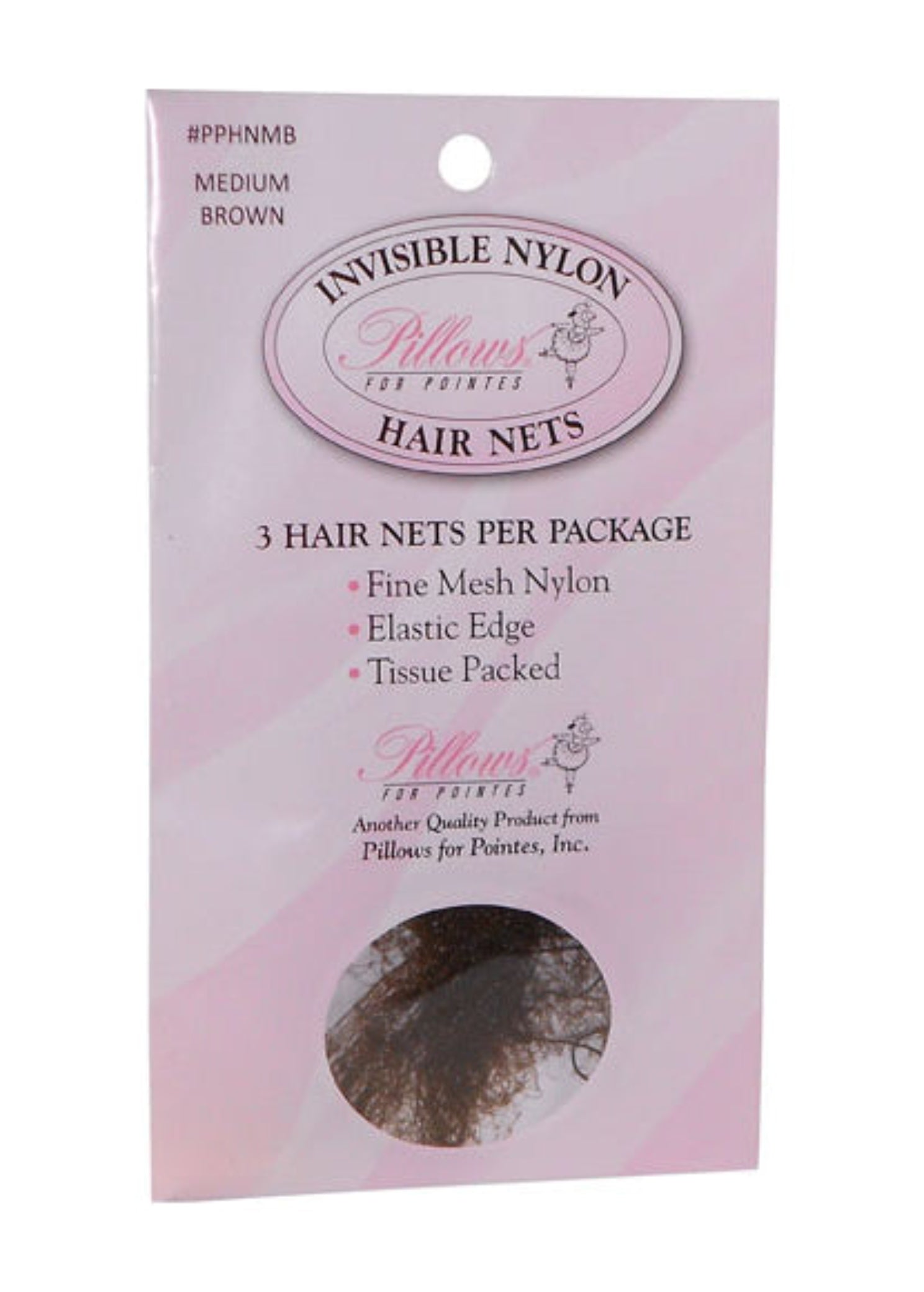 Pillows for Pointes Nylon Hair Nets in Medium Brown, packaging front view showing fine mesh nylon nets, 3 per pack