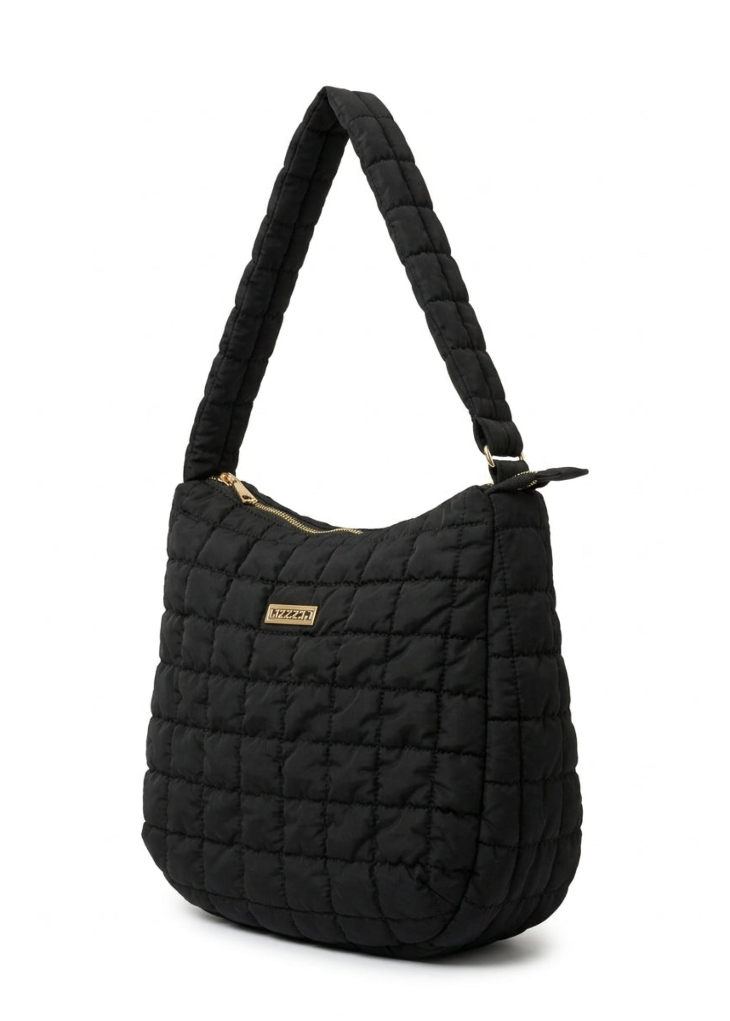 Ooh La La On The Move Puffer Tote in Black, side view showing quilted grid exterior and padded shoulder strap