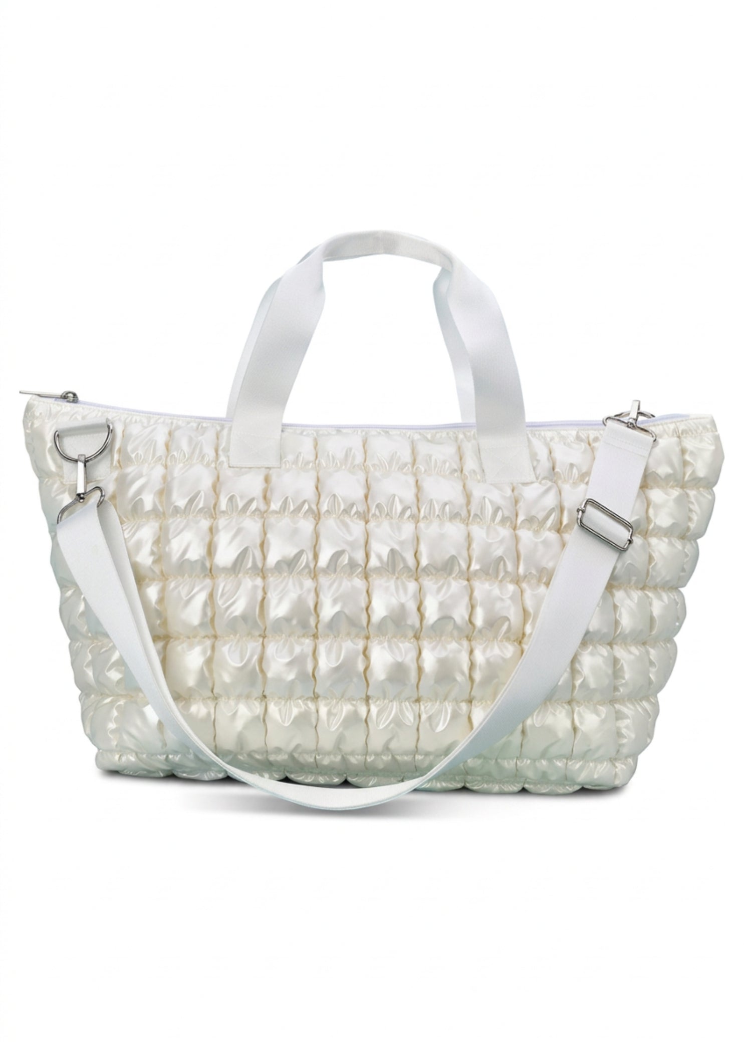 Iscream Pearl White Shiny Puffer Overnight Bag in Pearl White, front view showing quilting and top handles