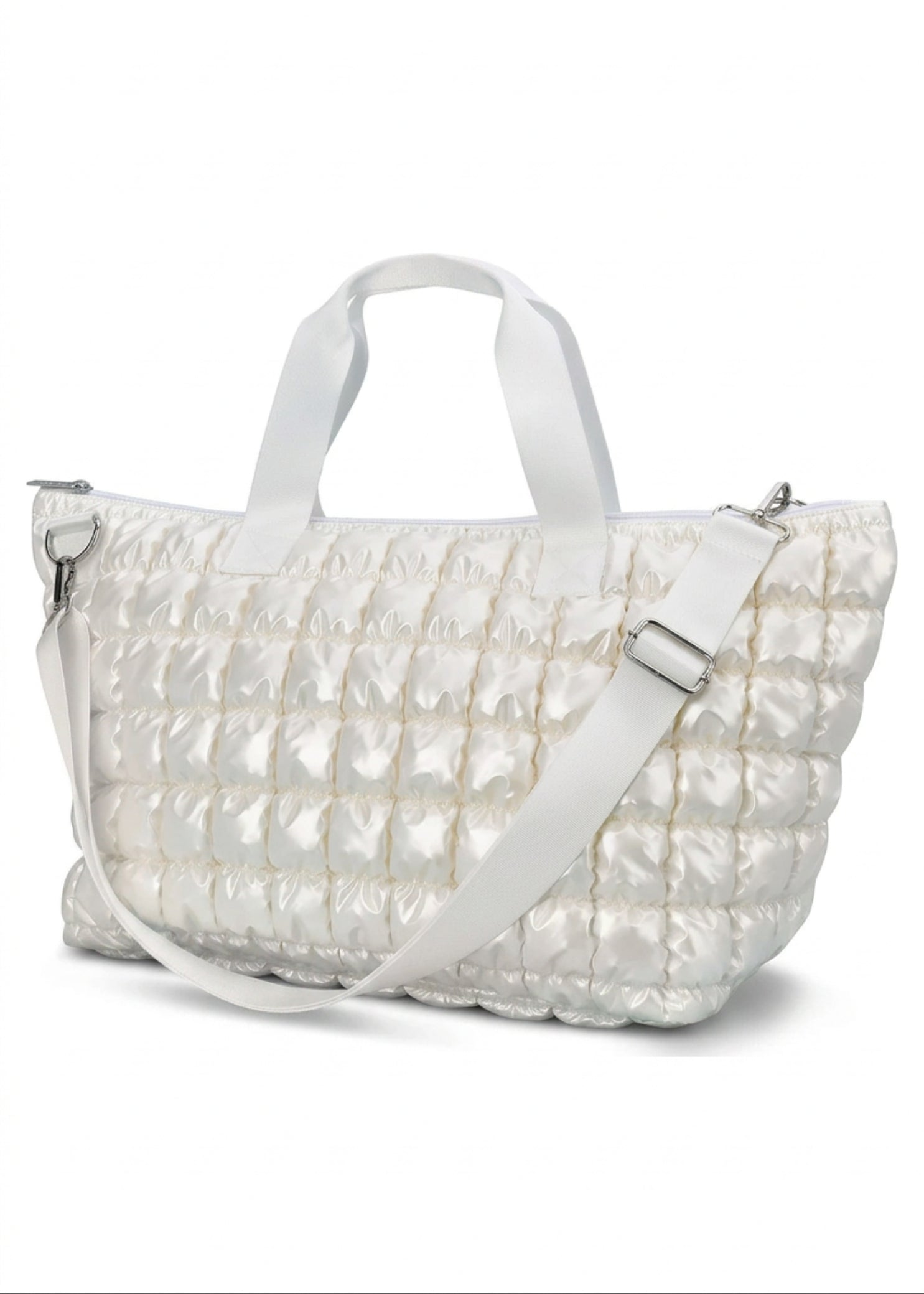 Iscream Pearl White Shiny Puffer Overnight Bag in Pearl White, left side view showing adjustable shoulder strap