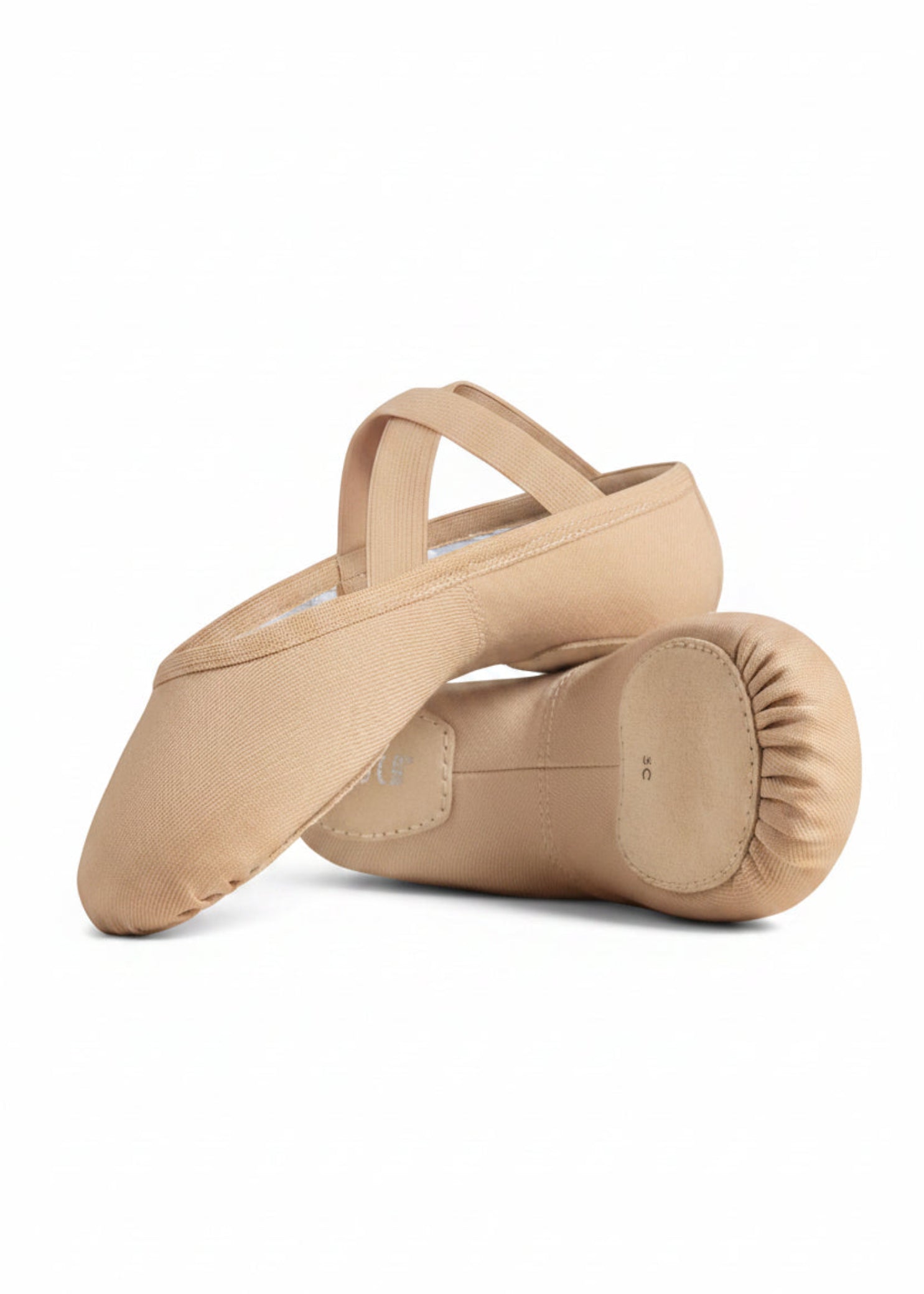 Bloch Stretch Canvas ballet shoe in sand, side-bottom view showing split sole and leather pads