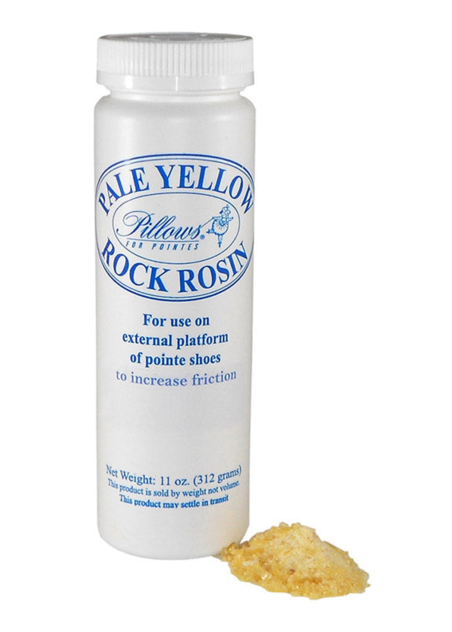 Pillows for Pointes Personal Rock Rosin, front view showing 11oz white canister with pale yellow rosin crystals spilling out