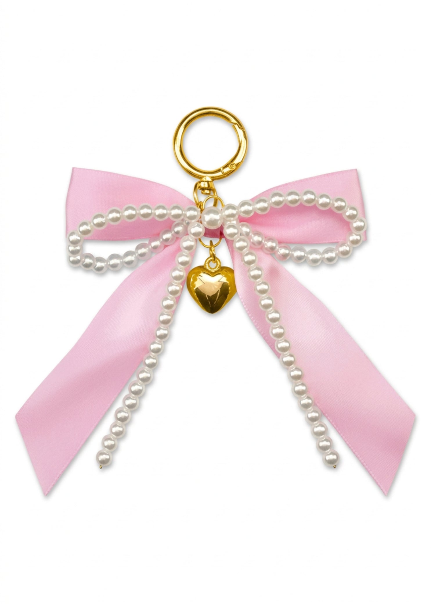 Iscream Pink Bow & Pearls Bag Charm in Pink, front view showing satin-style bow, faux pearls and gold-tone heart