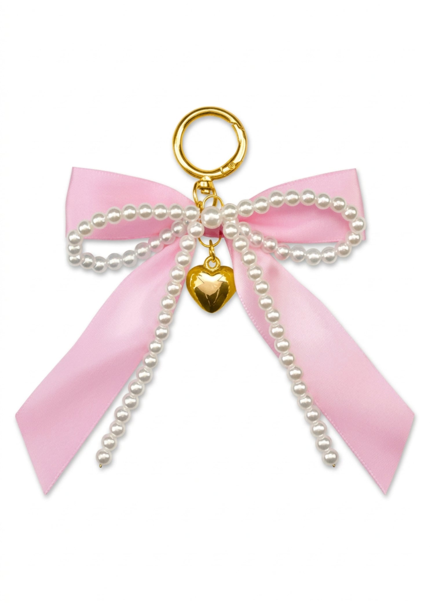 Iscream Pink Bow & Pearls Bag Charm in Pink, front view showing satin-style bow, faux pearls and gold-tone heart