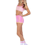 XO Dance Company Pinstripe Short in Pink Lemonade, side view showing contrast side trim and hems
