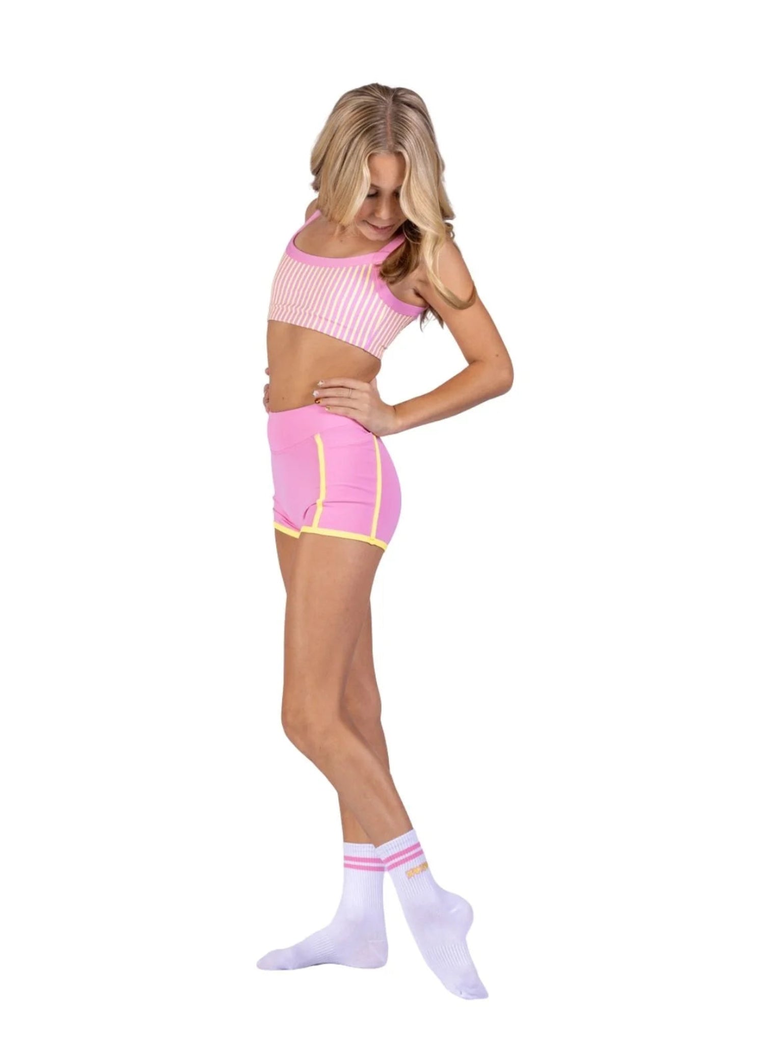 XO Dance Company Pinstripe Short in Pink Lemonade, side view showing contrast side trim and hems