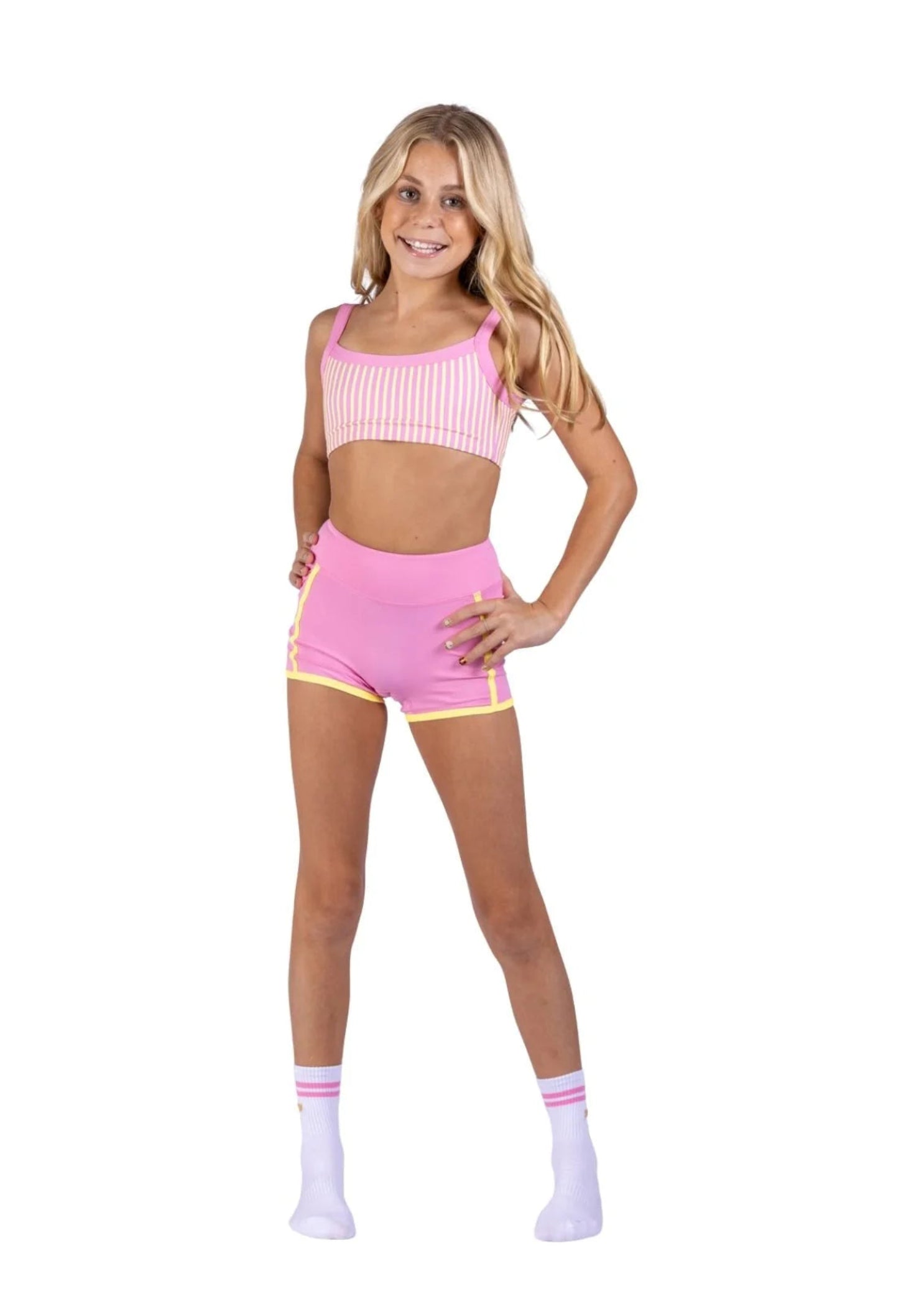 XO Dance Company Pinstripe Top in Pink Lemonade, front view showing pinstripes and wide straps