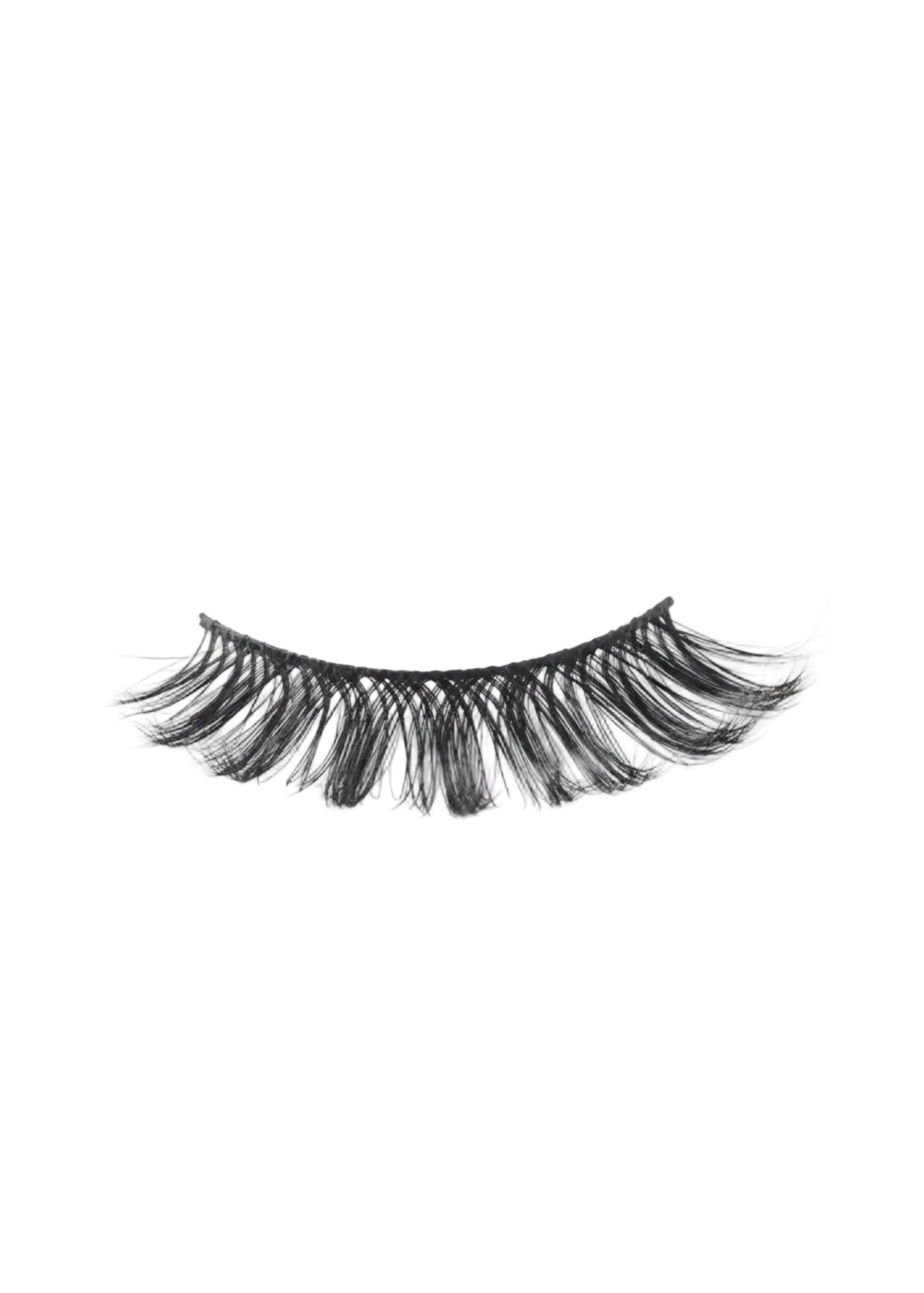 C&J Merchantile Plain Eyelashes, detail view showing single human hair lash with curved band and clustered fibers