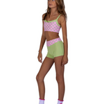 XO Dance Company Polka Dot Short in Strawberry Matcha, front view showing dotted waistband and snug fit