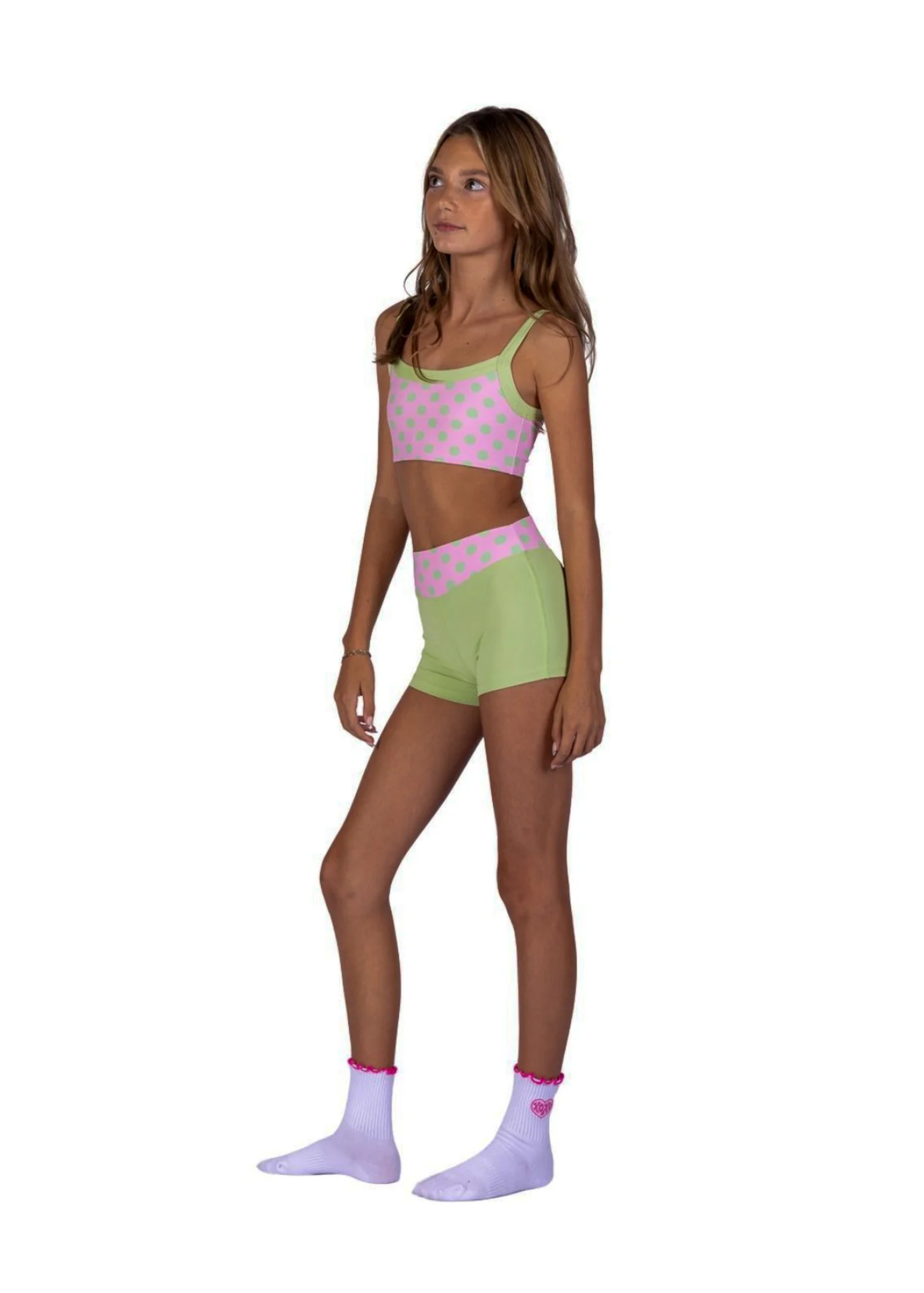 XO Dance Company Polka Dot Short in Strawberry Matcha, front view showing dotted waistband and snug fit