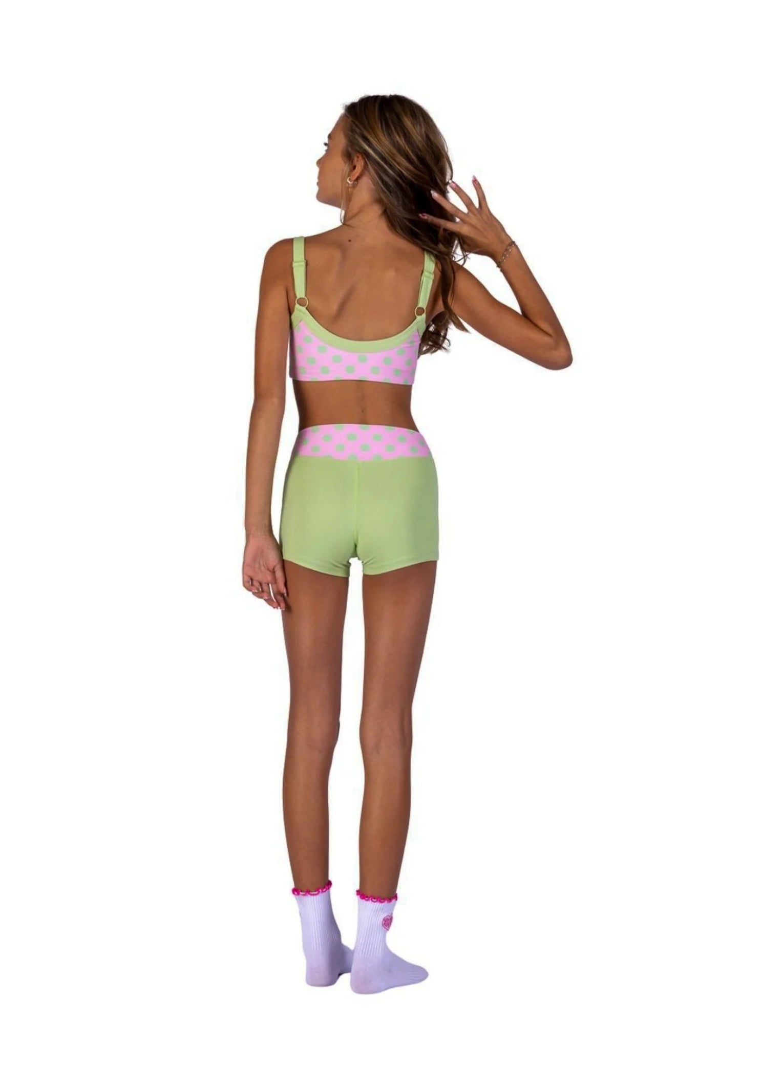 XO Dance Company Polka Dot Top in Strawberry Matcha, back view showing adjustable straps and dots