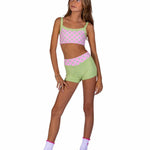 XO Dance Company Polka Dot Top in Strawberry Matcha, front view showing polka dots and contrast trim