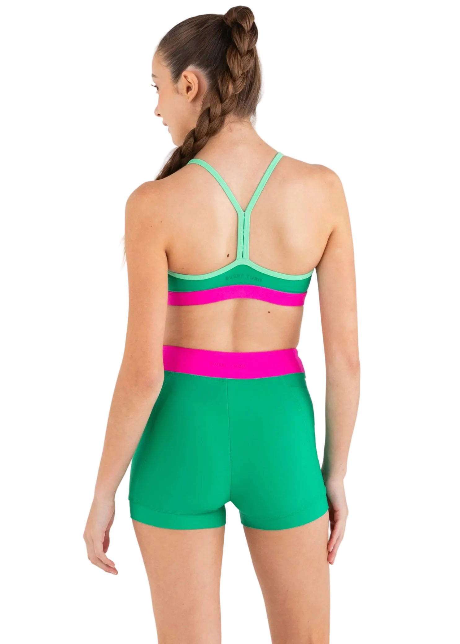 Every Turn Pop Culture Crop Top in Tiki Green, back view showing Y-shaped straps and contrast underband