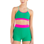 Every Turn Pop Culture Crop Top in Tiki Green, front view showing scoop neckline and contrast underband
