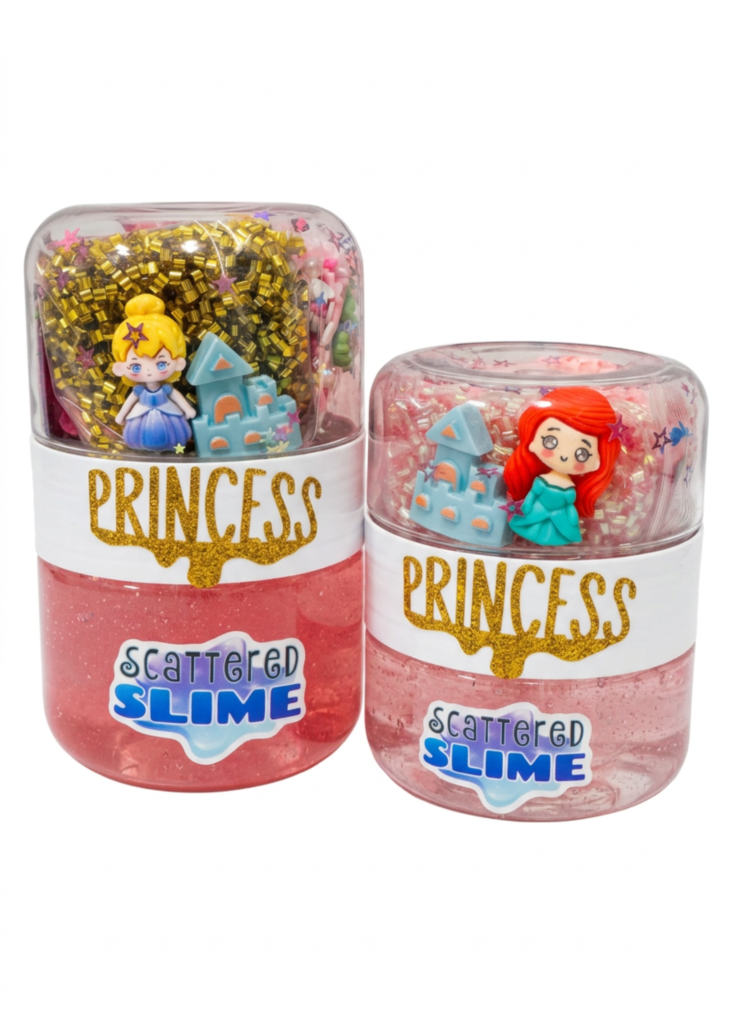 Scattered Slime Princess Slime Kit, comparison view showing two jar sizes with princess and castle charms