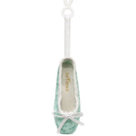 So Danca Satin Print Mini Pointe Shoe Keychain in Mint, front view showing bow, ribbon loop and plastic clip