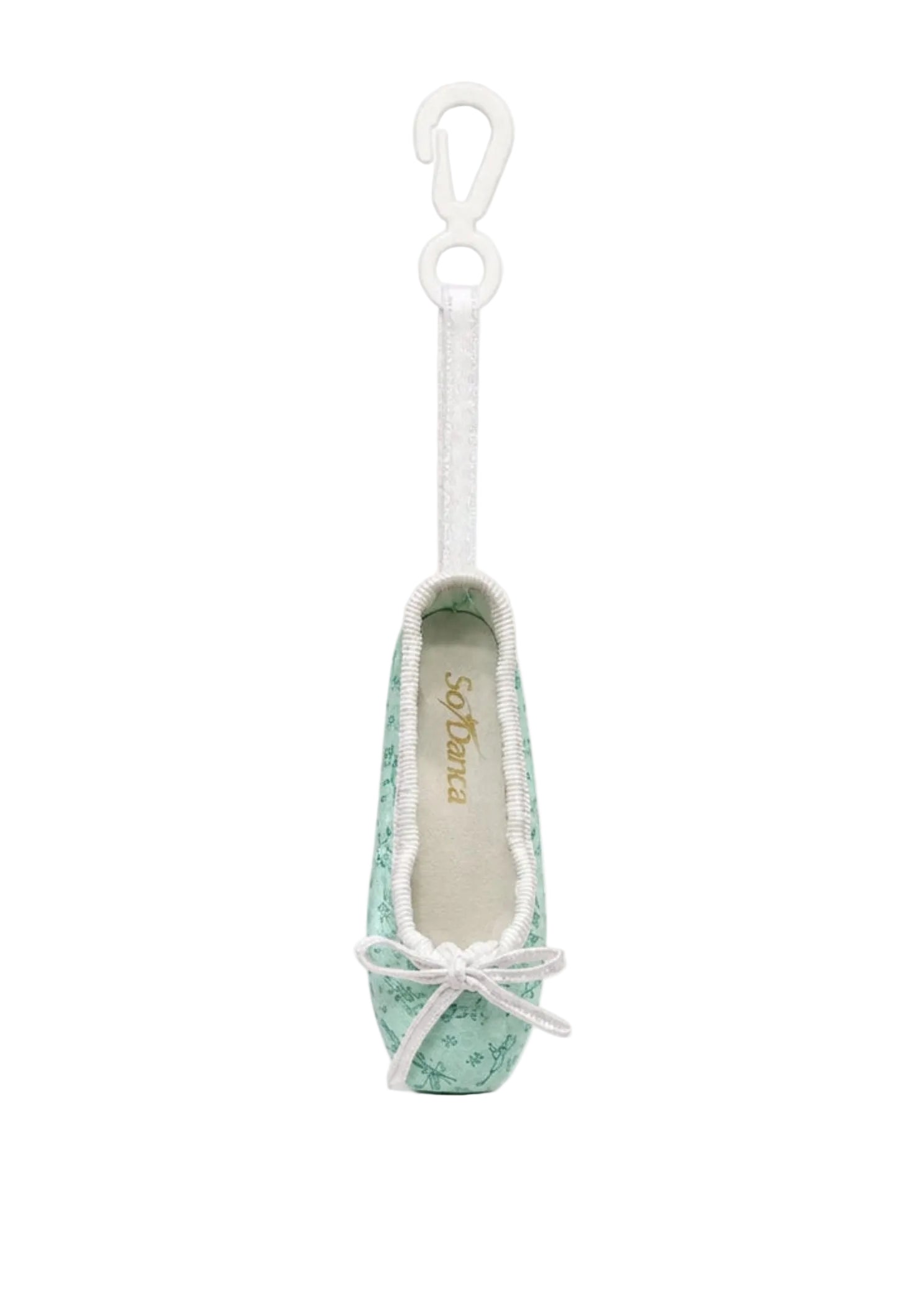 So Danca Satin Print Mini Pointe Shoe Keychain in Mint, front view showing bow, ribbon loop and plastic clip