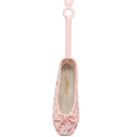 So Danca Satin Print Mini Pointe Shoe Keychain in Pink, front view showing bow, ribbon loop and plastic clip