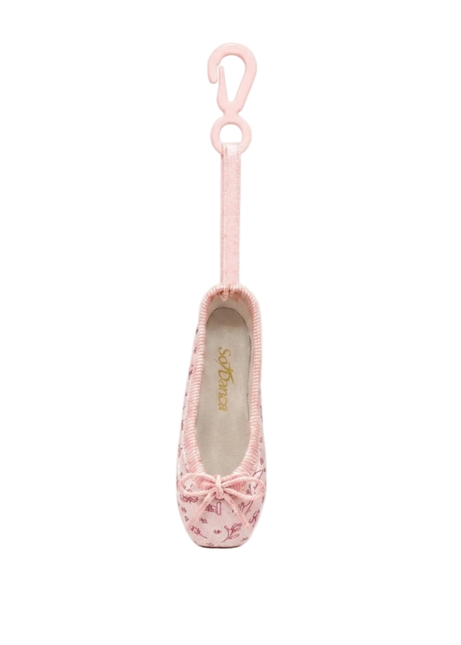 So Danca Satin Print Mini Pointe Shoe Keychain in Pink, front view showing bow, ribbon loop and plastic clip