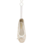 So Danca Satin Print Mini Pointe Shoe Keychain in White, front view showing bow, ribbon loop and plastic clip