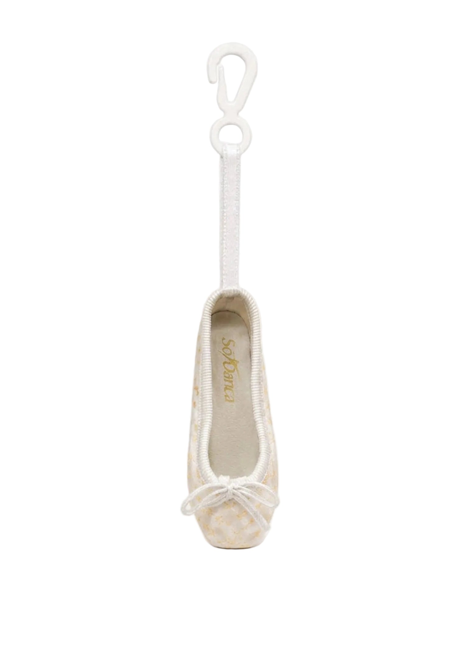 So Danca Satin Print Mini Pointe Shoe Keychain in White, front view showing bow, ribbon loop and plastic clip