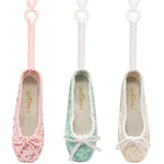 So Danca Satin Print Mini Pointe Shoe Keychain, collection view showing Pink, Mint and White with bows and clips