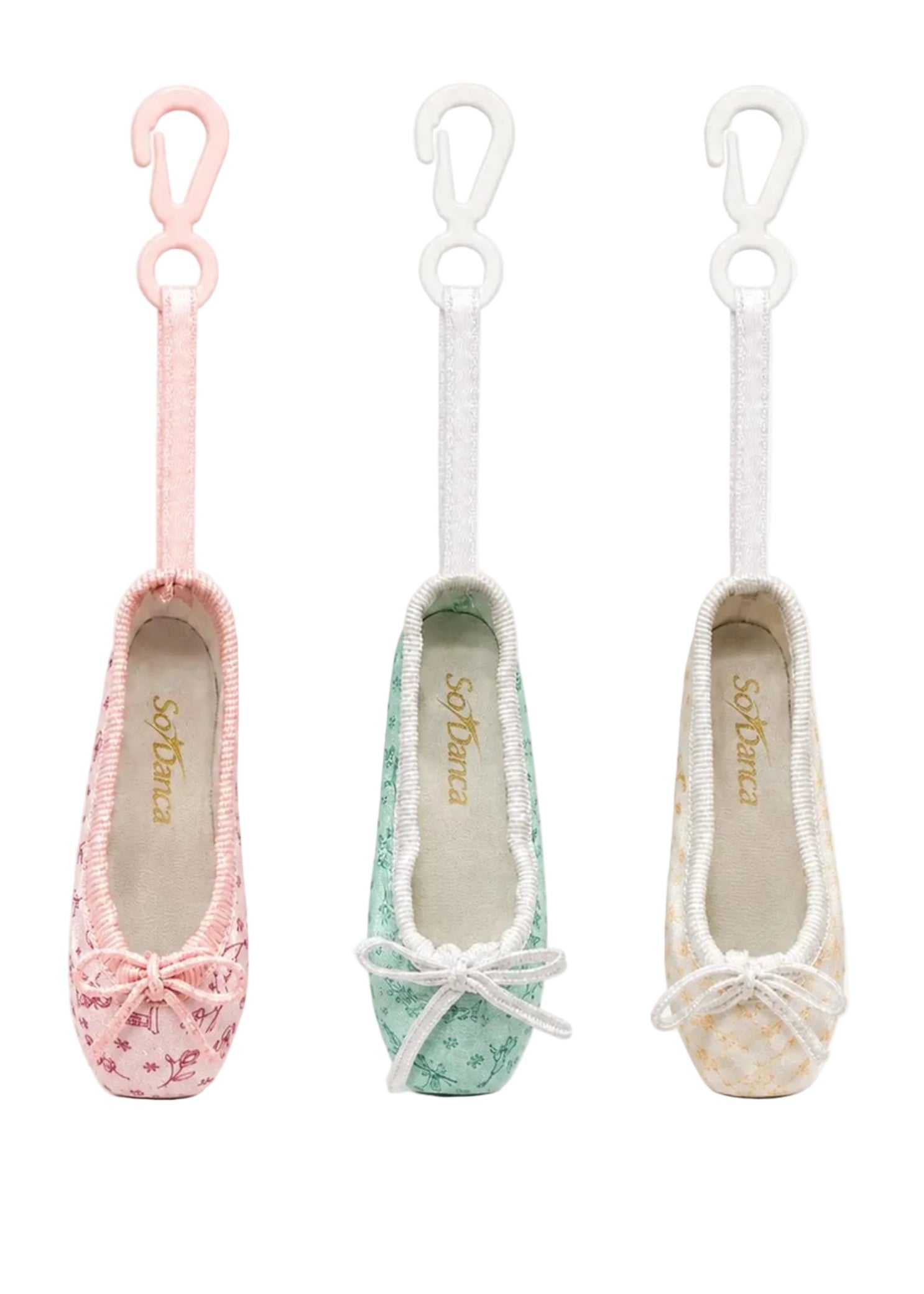 So Danca Satin Print Mini Pointe Shoe Keychain, collection view showing Pink, Mint and White with bows and clips