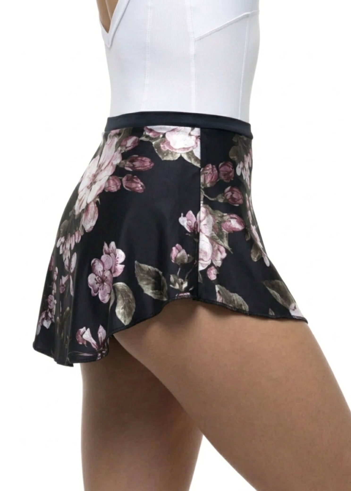 Suffolk Pull-On High Low Skirt in Foil, side view showing polyester-spandex fabric, floral print and high-low hem