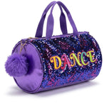 Danznmotion Purple Pop Duffel in Purple, angled side view showing sequin exterior and multicolor DANCE lettering