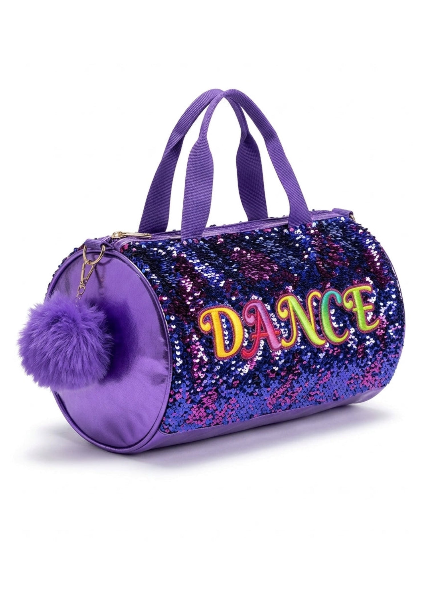 Danznmotion Purple Pop Duffel in Purple, angled side view showing sequin exterior and multicolor DANCE lettering