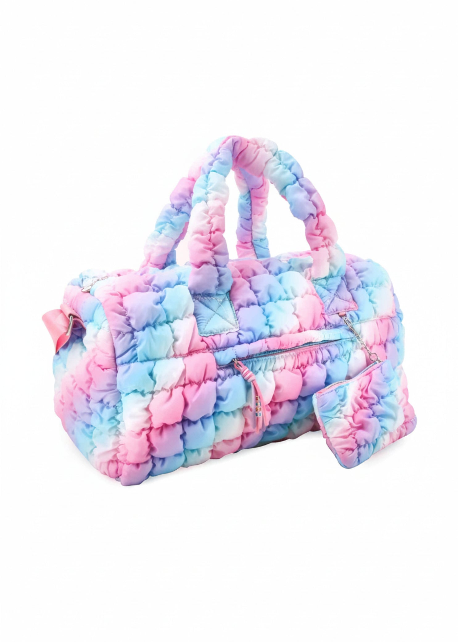 OMG Accessories Quilted Scrunchies Large Duffle in Pink, angled front view showing quilted nylon exterior and top handles