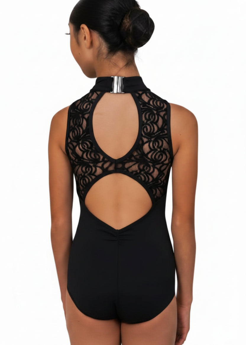 Danznmotion Quintessa Lace Leotard in Black, back view showing mock neck with lace upper back panel and double cutout detail