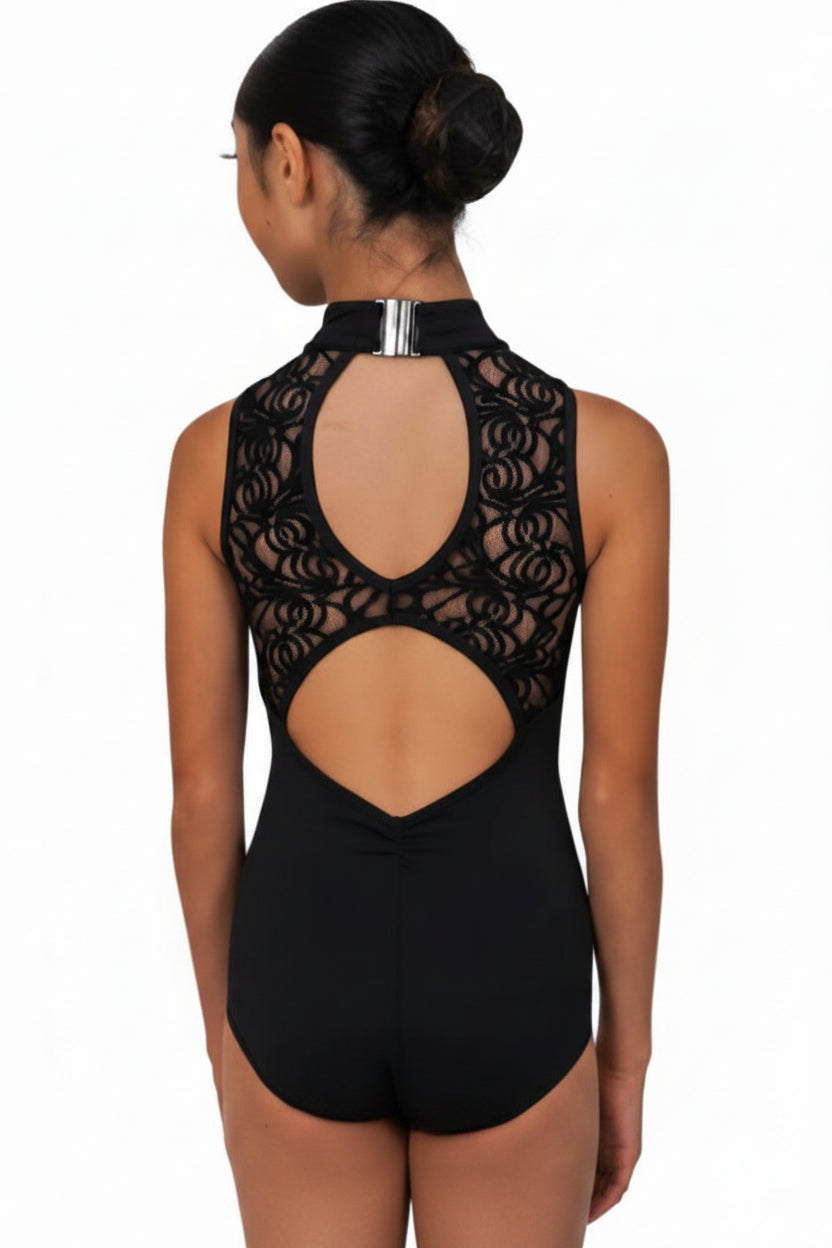 Danznmotion Quintessa Lace Leotard in Black, back view showing mock neck with lace upper back panel and double cutout detail