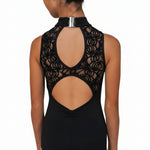 Danznmotion Quintessa Lace Leotard in Black, back view showing mock neck with lace upper back panel and double cutout detail