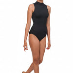 Danznmotion Quintessa Lace Leotard in Black, front view showing high mock neck with sleeveless smooth solid body