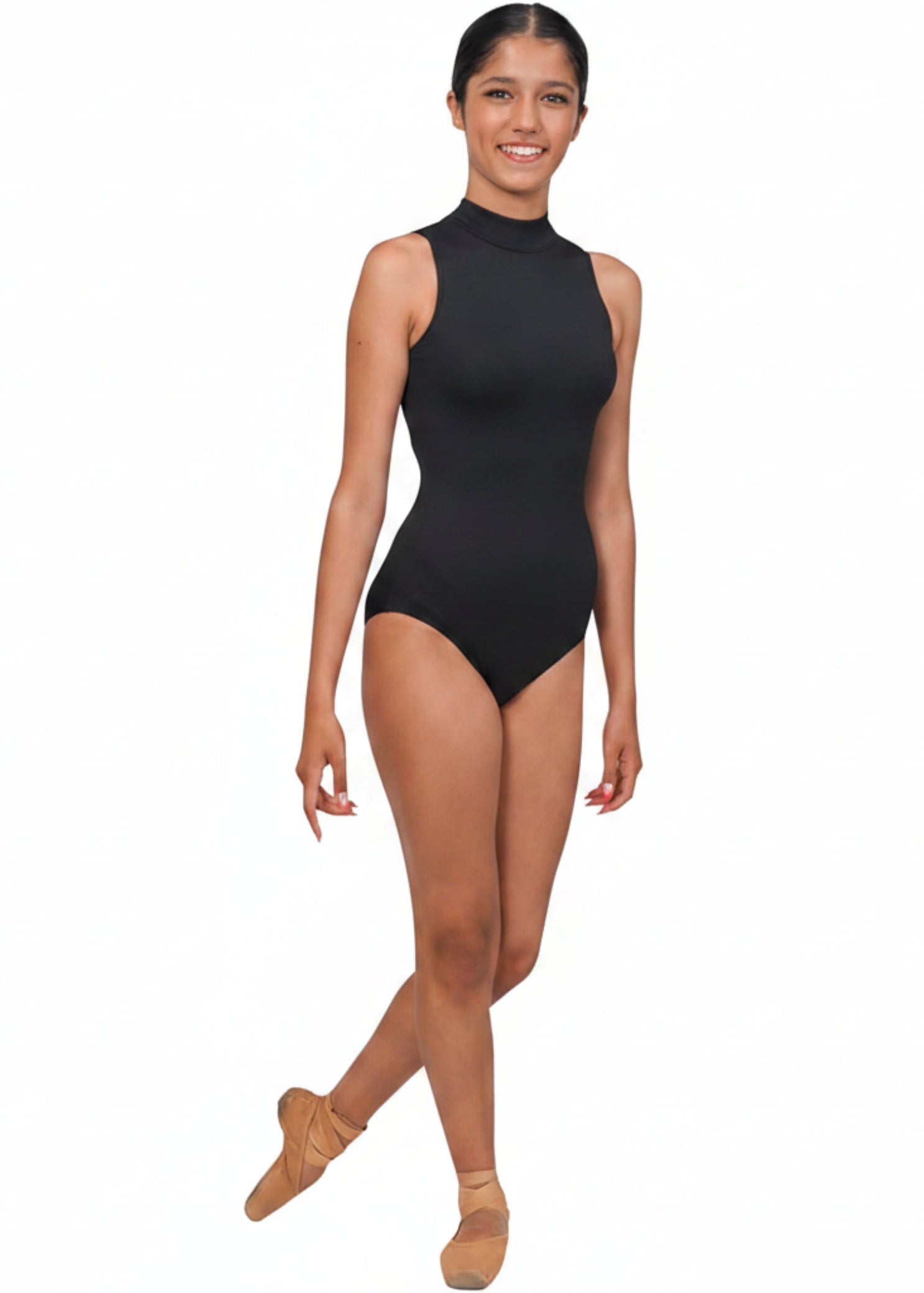 Danznmotion Quintessa Lace Leotard in Black, front view showing high mock neck with sleeveless smooth solid body